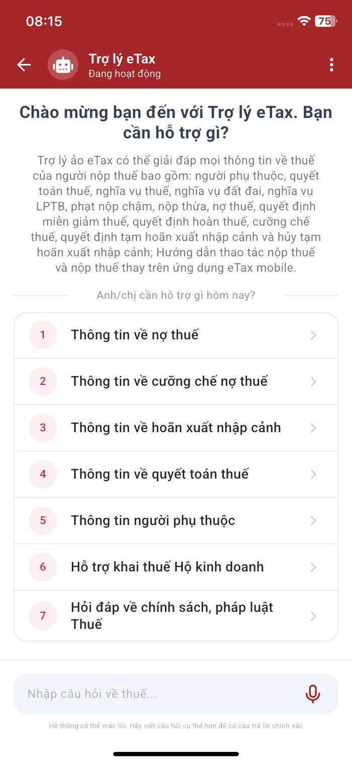 Tại màn hình chào mừng đầu tiên, NNT có thể hỏi nhanh các vấn đề đang quan tâm bằng cách chạm vào các câu hỏi có sẵn đang hiển thị