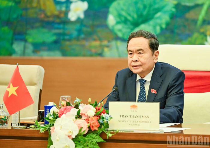 Chủ tịch Quốc hội Trần Thanh Mẫn phát biểu tại hội kiến. (Ảnh: DUY LINH)
