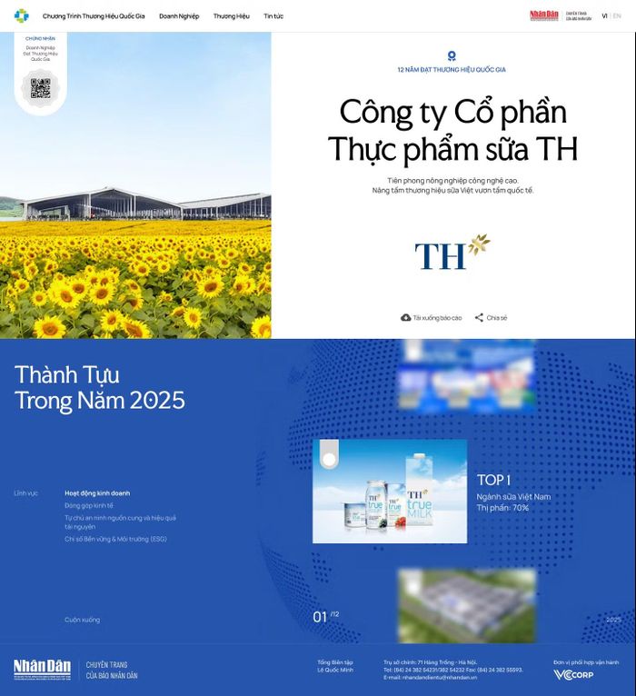 Giao diện trang thông tin doanh nghiệp thương hiệu quốc gia trên Chuyên trang thương hiệu quốc gia Việt Nam, tích hợp thông tin, hình ảnh và dữ liệu nổi bật về doanh nghiệp, sản phẩm và thành tựu, hỗ trợ tra cứu và quảng bá thương hiệu Việt.