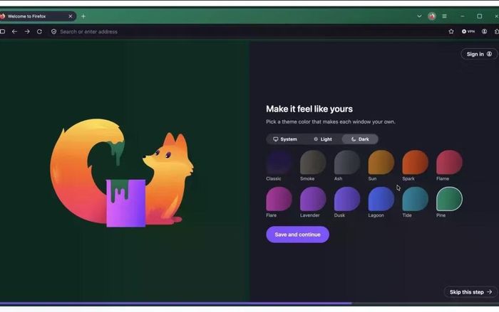 Các bộ màu sắc giao diện tùy chọn trên Firefox 157.