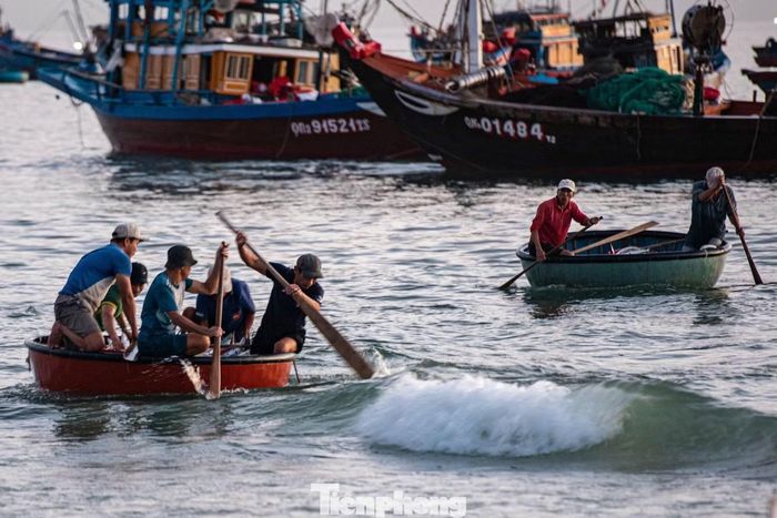 Khi tàu vào gần bờ, ngư dân cùng nhau chuyển hải sản sang thuyền thúng rồi đưa vào bãi để giao cho thương lái.