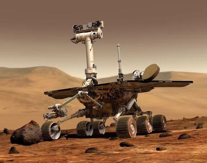 Xe tự hành thám hiểm Sao Hỏa của NASA đang ở trên bề mặt hành tinh này. Hai chiếc xe tự hành song sinh thuộc dòng này là Spirit và Opportunity đã được phóng vào năm 2003 và lần lượt đổ bộ xuống các địa điểm khác nhau trên Sao Hỏa vào tháng 1/2004. Minh họa: NASA.