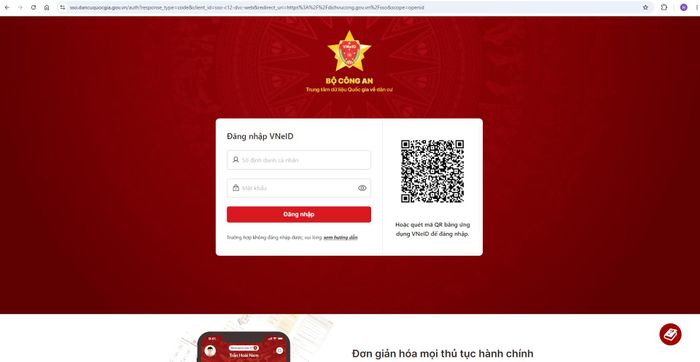 Đăng nhập bằng tài khoản định danh điện tử VNeID. Ảnh: hanoi.gov