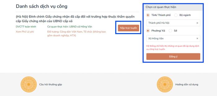Chọn cơ quan tiếp nhận hồ sơ. Ảnh: hanoi.gov