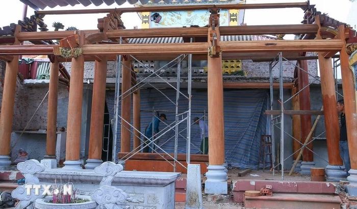 Bộ khung gỗ tại tiền đường của di tích Đền Cây Quế đang được tu bổ, tôn tạo. (Ảnh: Công Luật/TTXVN)