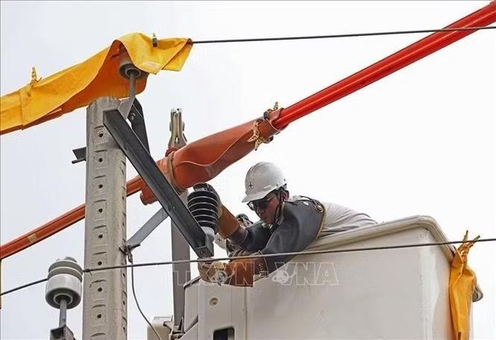 Khắc phục sự cố điện bằng công nghệ sửa chữa điện nóng (hotline) trên đường dây 110kV, xã Hạ Bằng, thành phố Hà Nội. Ảnh: Vũ Sinh/TTXVN