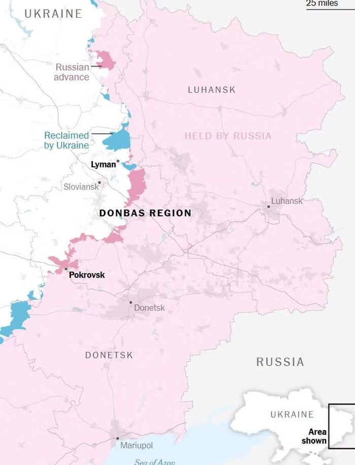 Bản đồ khu vực Donbass, vùng màu xanh là lãnh thổ mà Ukraine giành lại được tính đến ngày 4/10/2026. Nguồn: Viện Nghiên cứu Chiến