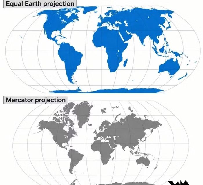 Bản đồ thế giới qua phép chiếu Equal Earth (ảnh trên) và Mercator (ảnh dưới). Nguồn: Al Jazeera