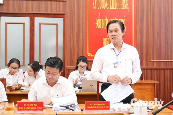 Ông Cao Thanh Hùng, Chánh án TAND khu vực 4 - TP.HCM, Trưởng Cụm thi đua số 2 báo cáo tại hội nghị.