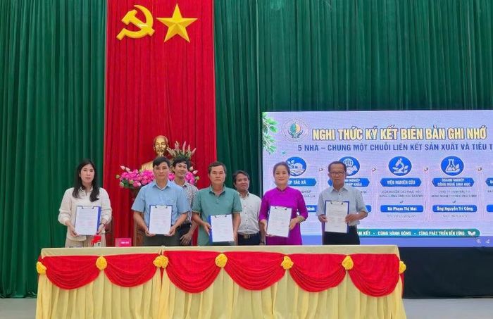  Đại diện hợp tác xã, doanh nghiệp xuất khẩu, viện nghiên cứu, doanh nghiệp công nghệ sinh học và các hộ nông dân đã ký biên bản ghi nhớ hợp tác. Ảnh: Thanh Tịnh 