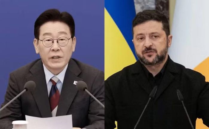 Tổng thống Hàn Quốc Lee Jae Myung (trái) và Tổng thống Ukraine Volodymyr Zelensky. Ảnh: AFP