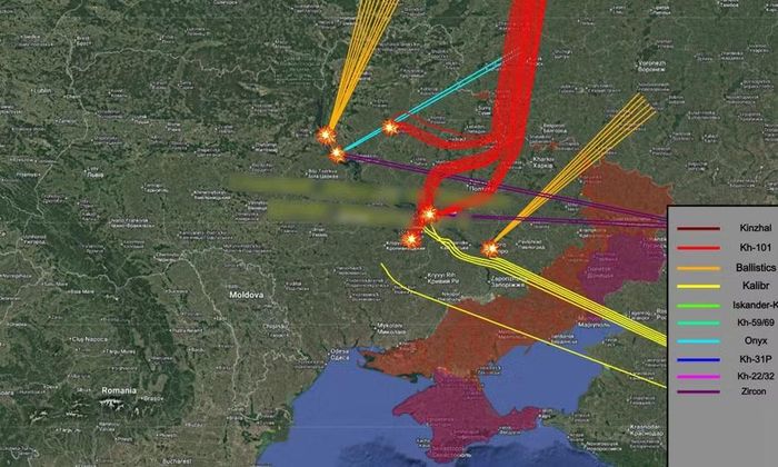  Đường bay của tên lửa Nga trong vụ tập kích ngày 7-10. Đồ họa: X/AMK Mapping 
