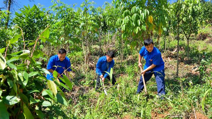 Đoàn viên, thanh niên xã Tà Xi Láng tham gia giải phóng mặt bằng, chuẩn bị mở rộng mặt đường giao thông nông thôn.