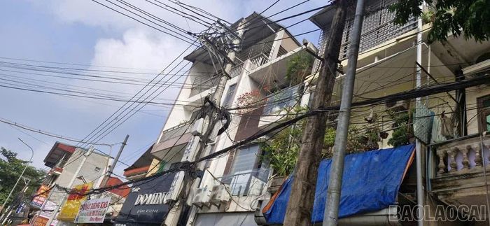 Nhiều tuyến cột phải “gánh” nhiều loại dây, tạo thành những “mạng nhện” trên không.