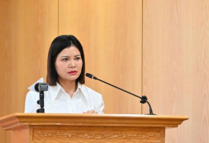 Bà Nguyễn Thúy Hiền, Phó Cục trưởng Cục Quản lý và Phát triển thị trường trong nước (Bộ Công Thương) thông tin về dự thảo Nghị định về kinh doanh xăng dầu. Ảnh: Nam Nguyễn.
