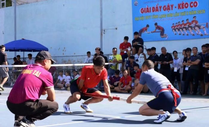  Các VĐV thi đấu đẩy gậy trong khuôn khổ Đại hội TDTT. 