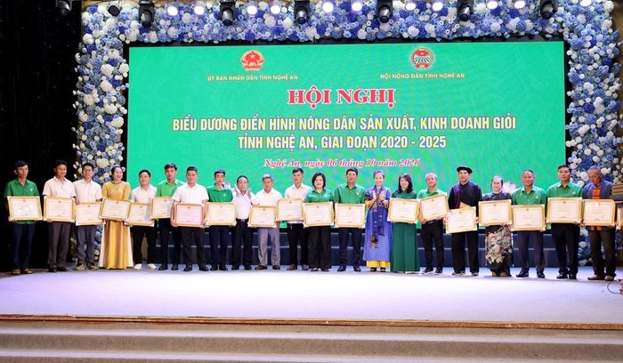 Lãnh đạo Hội Nông dân tỉnh Nghệ An trao tặng Bằng khen của hội cho các cá nhân có thành tích xuất sắc, giai đoạn 2020 - 2025. (Ảnh: NAG)