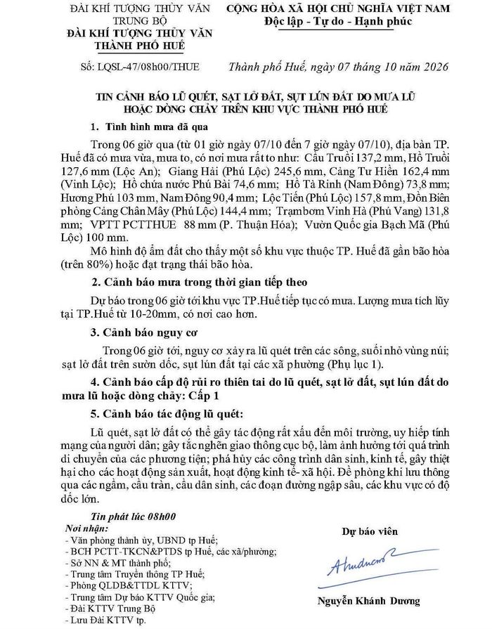 Tin cảnh báo lũ quét, sạt lở đất, sụt lún đất do mưa lũ hoặc dòng chảy trên khu vực Tp. Huế