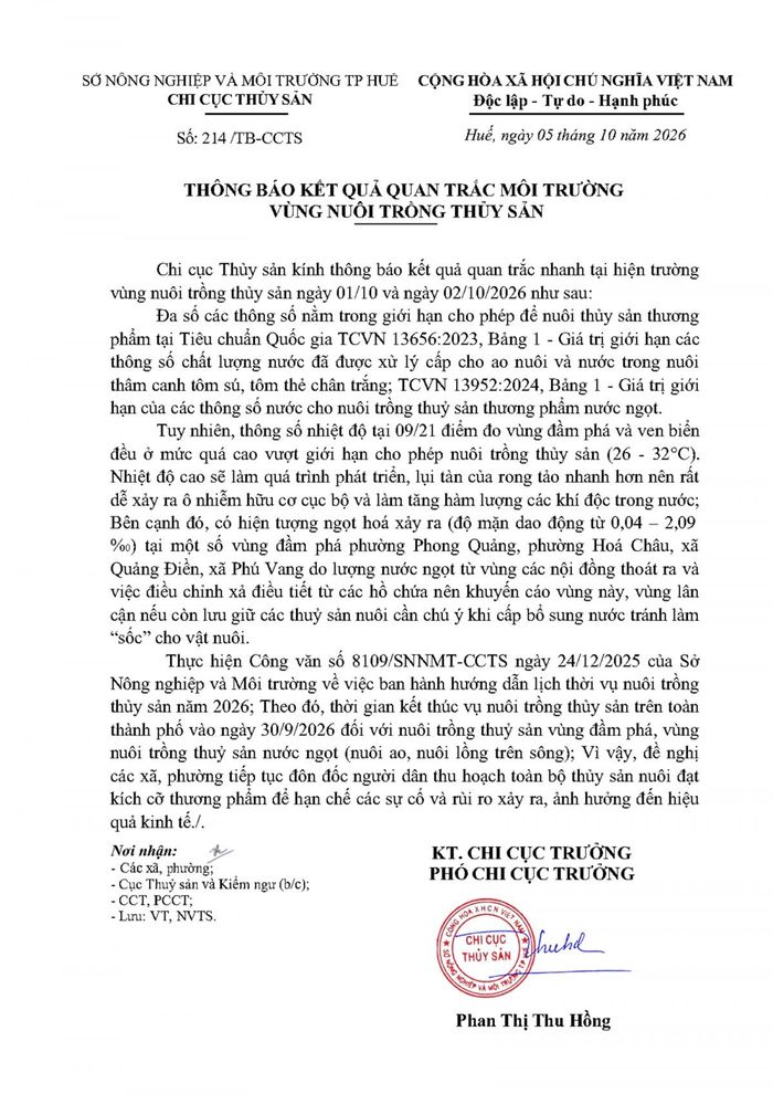 Thông báo số 214/TB-CCTS của Chi cục Thuỷ Sản, Sở Nông nghiệp và Môi trường Tp. Huế