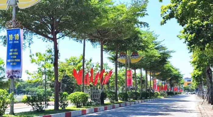 Các tuyến phố trên địa bàn phường Việt Hưng rực rỡ với khẩu hiệu chào mừng, hướng về 72 năm Ngày Giải phóng Thủ đô. Ảnh: PV
