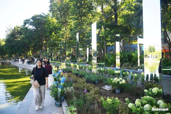 Từ tuyến cầu, người trải nghiệm có thể tiếp cận khu vực ven hồ ở một cao độ khác. Những khung gương được bố trí xen giữa cây xanh tạo thêm các điểm dừng để quan sát, chụp ảnh, đồng thời mở ra những góc nhìn khác về mặt hồ và Tháp Rùa.
