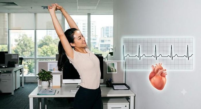 Vận động 5 phút sau mỗi 30, 60. 90 phút ngồi làm việc có thể giúp cải thiện sức khỏe tim mạch. Ảnh AI