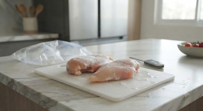 Thực phẩm cần rã đông nếu để ở nhiệt độ phòng có thể khiến vi khuẩn phát triển.