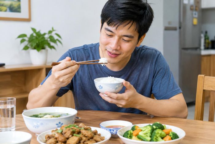 Nghiên cứu cho thấy chưa có mối quan hệ nhân quả rõ ràng giữa tiêu thụ gạo và thừa cân khi khẩu phần cơm nằm trong mức hợp lý. Ảnh minh họa (AI)