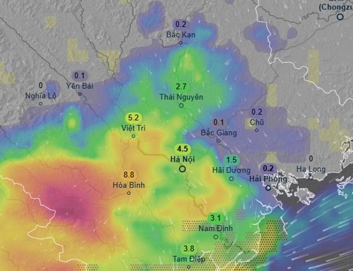 Dự báo của mô hình ECMWF (châu Âu) về mưa ở một số khu vực tại miền Bắc vào khoảng đêm 9, rạng sáng 10/10 (những con số trong hình là lượng mưa dự báo trong khoảng 3 giờ). Ảnh: Ventusky, ECMWF.