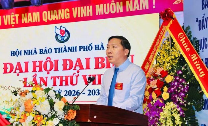 Nhà báo Nguyễn Thanh Liêm - Thành ủy viên, Giám đốc Cơ quan Báo và PTTH Hà Nội, Chủ tịch Hội Nhà báo thành phố Hà Nội nhiệm kỳ 2026-2031 phát biểu