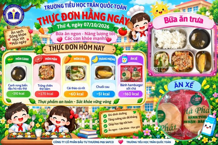  Thực đơn bữa ăn bán trú ngày 7/10 tại trường Tiểu học Trần Quốc Toản. Ảnh: FBNT.