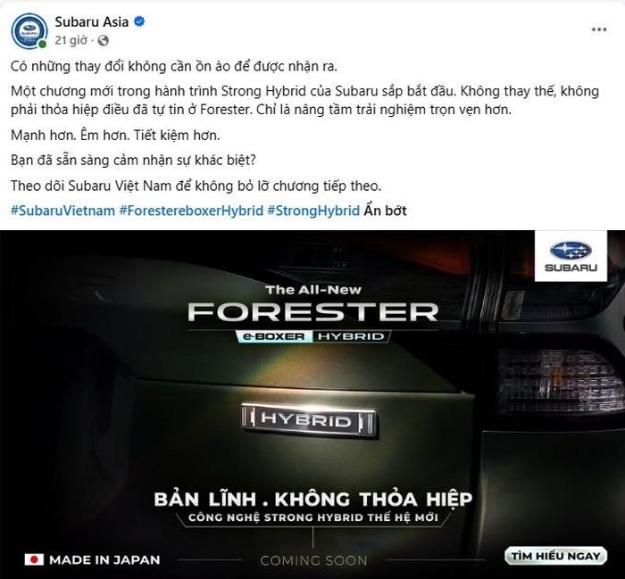  Bài đăng hé lộ về mẫu Forester Hybrid mới của Subaru. Ảnh: Subaru/Facebook. 