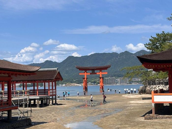 Cổng torii nổi tiếng nhìn từ chính điện ngôi đền Itsukushima