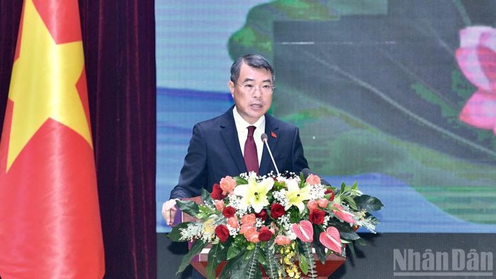  Thủ tướng Chính phủ Lê Minh Hưng phát biểu ý kiến tại hội nghị xúc tiến đầu tư Việt Nam-Lào. (Ảnh: THANH GIANG) 