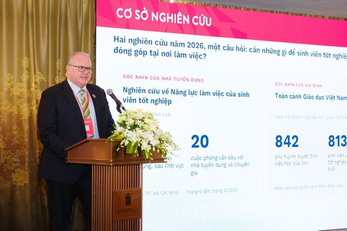  Ông Paul Julian Bennett, Giám đốc Điều hành khối Marketing và tuyển sinh, Trường đại học Anh Quốc Việt Nam trình bày báo cáo (Ảnh: BUV) 