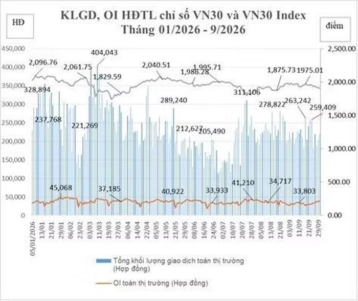 Tổng hợp khối lượng giao dịch, OI hợp đồng tương lai chỉ số VN30 và VN30 Index. Ảnh: HNX