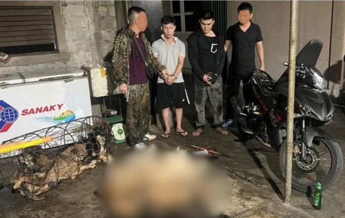 Hai đối tượng Cát và Quân bị bắt quả tang cùng số chó vừa bắt trộm, tập kết về nhà Cao.