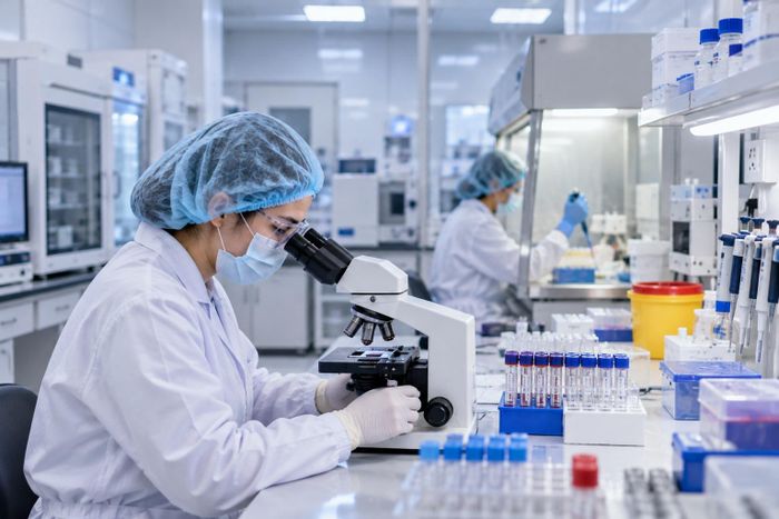  Nhân viên phòng xét nghiệm thực hiện xét nghiệm mẫu bệnh phẩm. Ảnh minh họa 