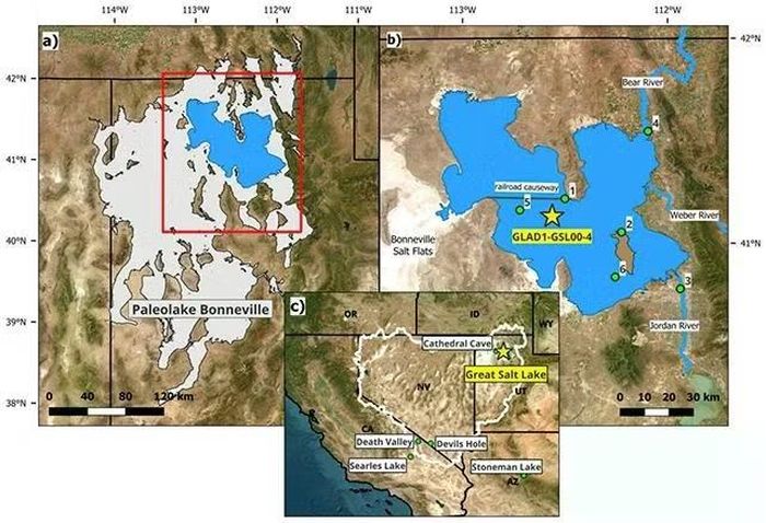 Bản đồ so sánh quy mô của Lake Bonneville cổ đại với Great Salt Lake ngày nay. Ảnh: So và cộng sự/Paleoceanography and Paleoclimatology, 2026.