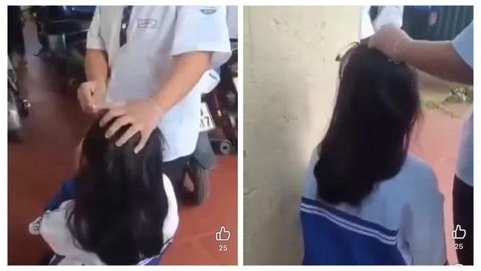 Nữ sinh bị túm tóc, bắt quỳ gối trước sự chứng kiến của nhiều học sinh khác. (Ảnh: Cắt từ clip)