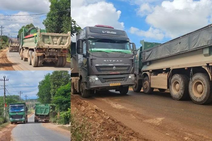 Mặt đường hẹp, các xe tải tránh nhau khiến việc đi lại khó khăn.
