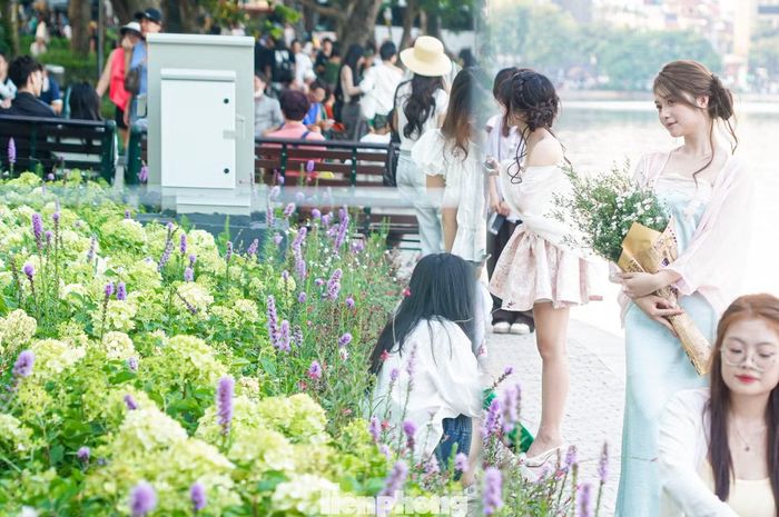 Bồn hoa đa sắc phản chiếu qua khung gương thu hút nhiều thiếu nữ chụp ảnh.