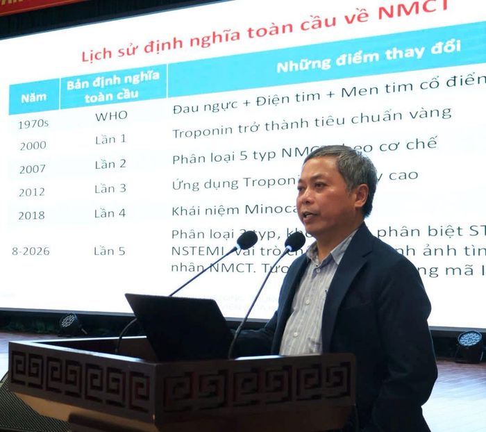 TS.BS. Hoàng Phương, Giám đốc Trung tâm Tim mạch, Bệnh viện C Đà Nẵng, báo cáo tại hội thảo.