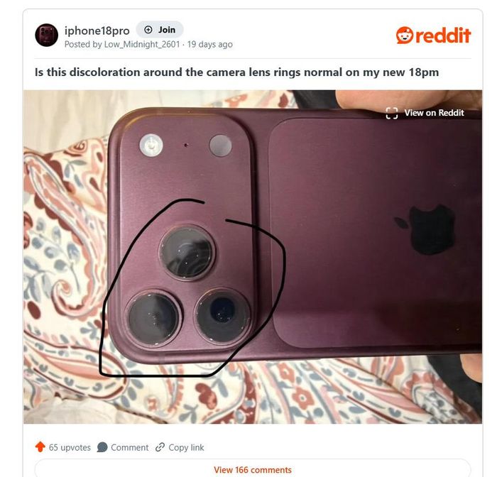 Người dùng Reddit cho rằng tình trạng phai màu trên iPhone 18 Pro đỏ rượu vang không phải do hao mòn thông thường. Ảnh: Reddit / Low_Midnight_2601 