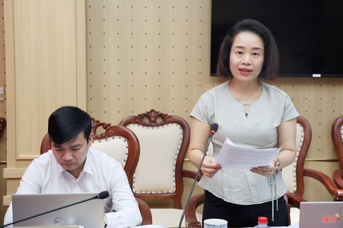 Phó Giám đốc Sở Tư pháp Trần Thị Kiều Oanh tham gia góp ý tại hội nghị.