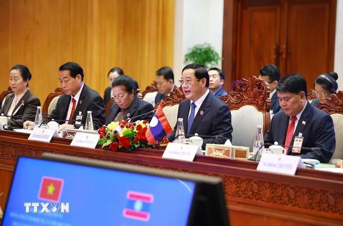 Chủ tịch Quốc hội Lào Sonexay Siphandone phát biểu tại cuộc hội kiến Thủ tướng Lê Minh Hưng. (Ảnh: Dương Giang/TTXVN)