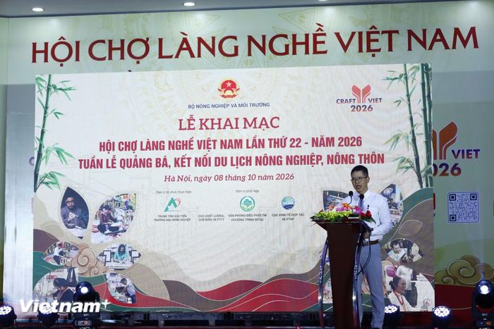  Ông Nguyễn Minh Tiến - Giám đốc Trung tâm Xúc tiến thương mại Nông nghiệp, Bộ Nông nghiệp và Môi trường, phát biểu tại sự kiện. (Ảnh: Long Vũ/Vietnam+) 