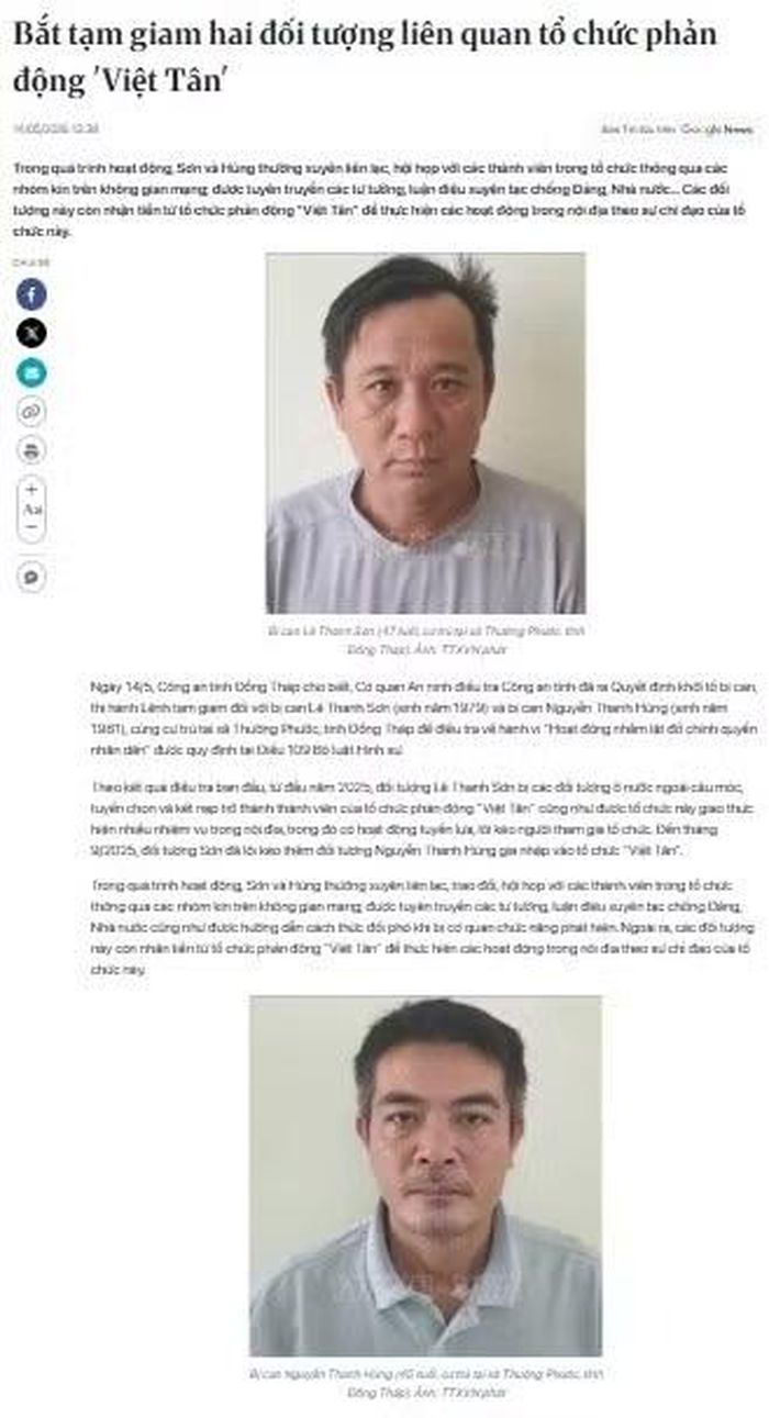 Các đối tượng liên quan đến tổ chức Việt Tân bị Cơ quan An ninh điều tra khởi tố trong tháng 5/20260. Ảnh chụp màn hình minh họa