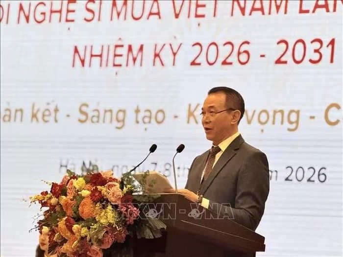 Tiến sĩ, Nghệ sĩ Nhân dân Phạm Anh Phương, Chủ tịch Hội Nghệ sĩ Múa Việt khóa VIII, nhiệm kỳ 2026 - 2031 phát biểu.