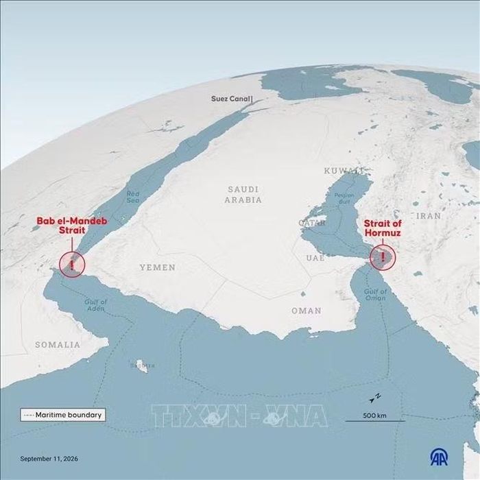 Đồ họa thông tin về eo biển Bab el-Mandeb và eo biển Hormuz. Ảnh: AA/TTXVN phát